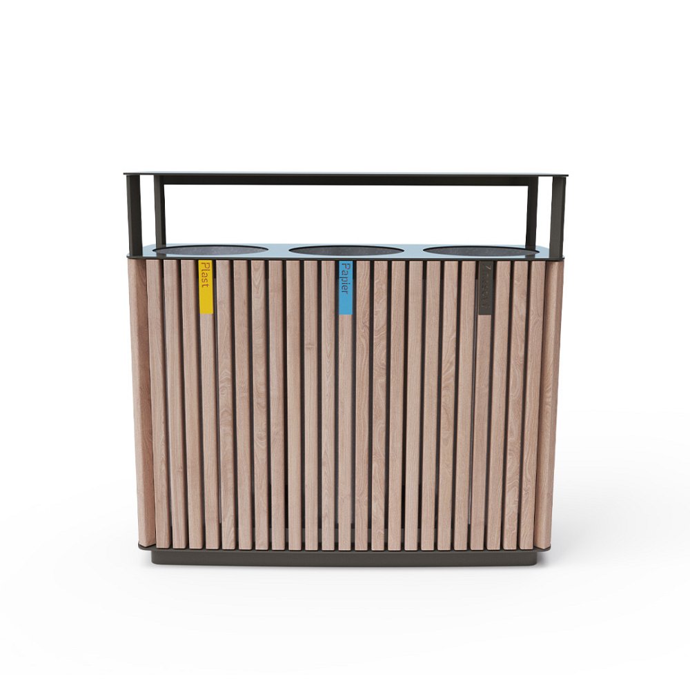 Triple trash bin for separated waste with roof