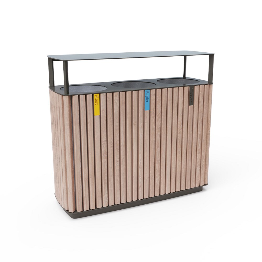 Triple trash bin for separated waste with roof