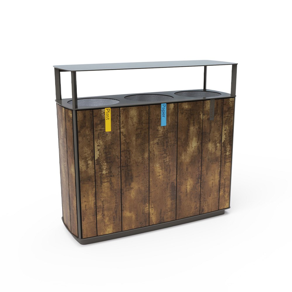 Triple bin for waste separation with a roof