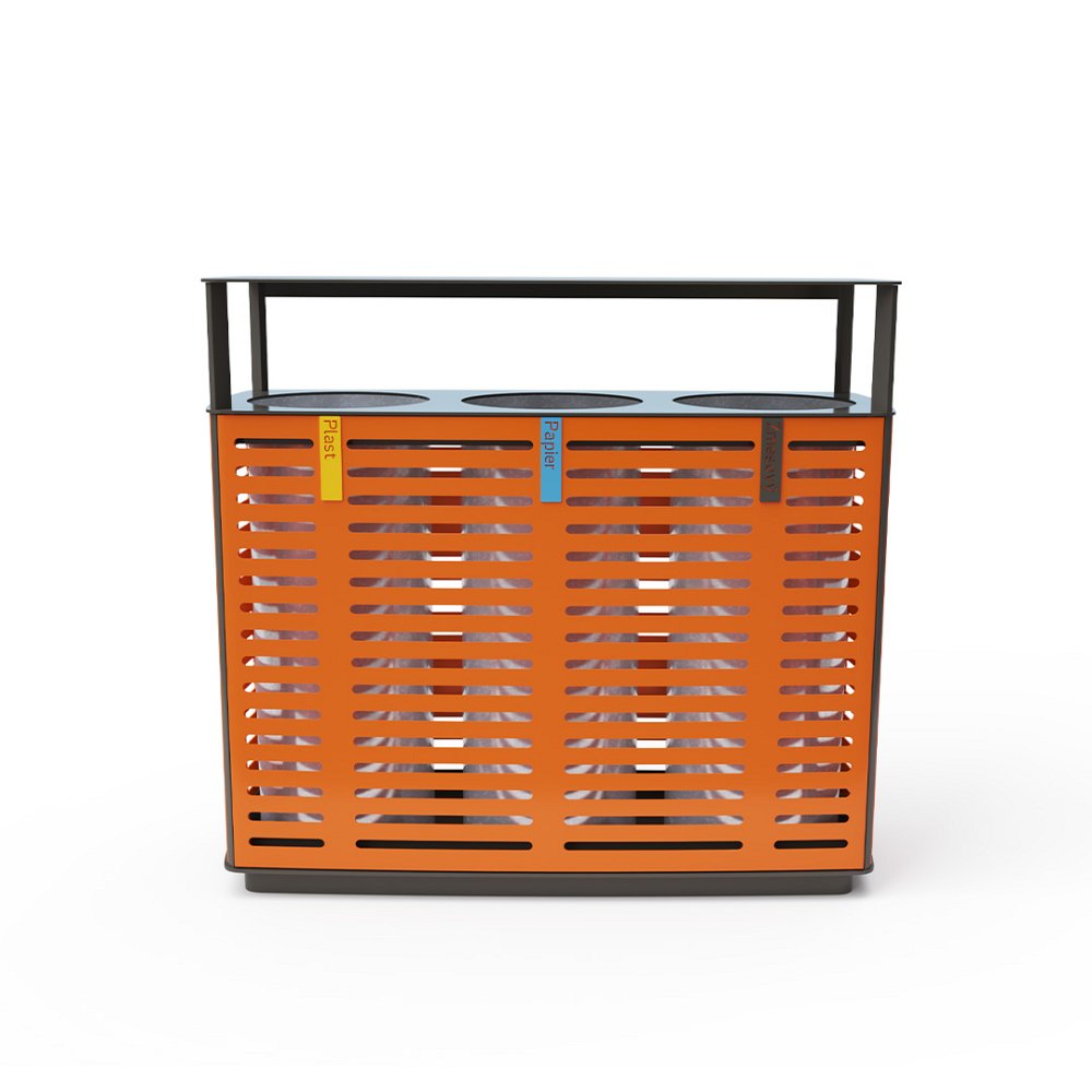 Triple bin for waste separation with a roof