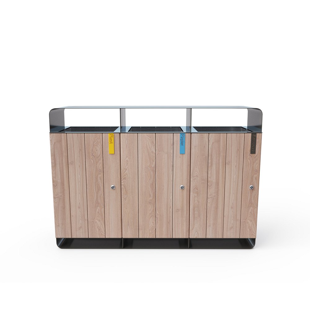 Triple bin for waste separation with a roof