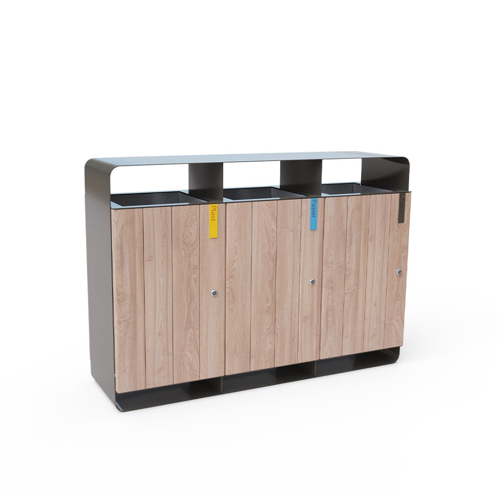 Triple bin for waste separation with a roof