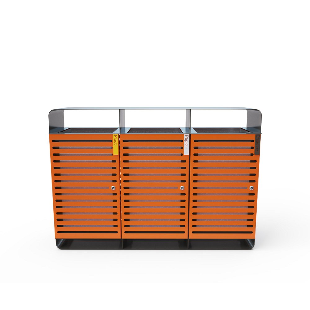 Triple bin for waste separation with a roof