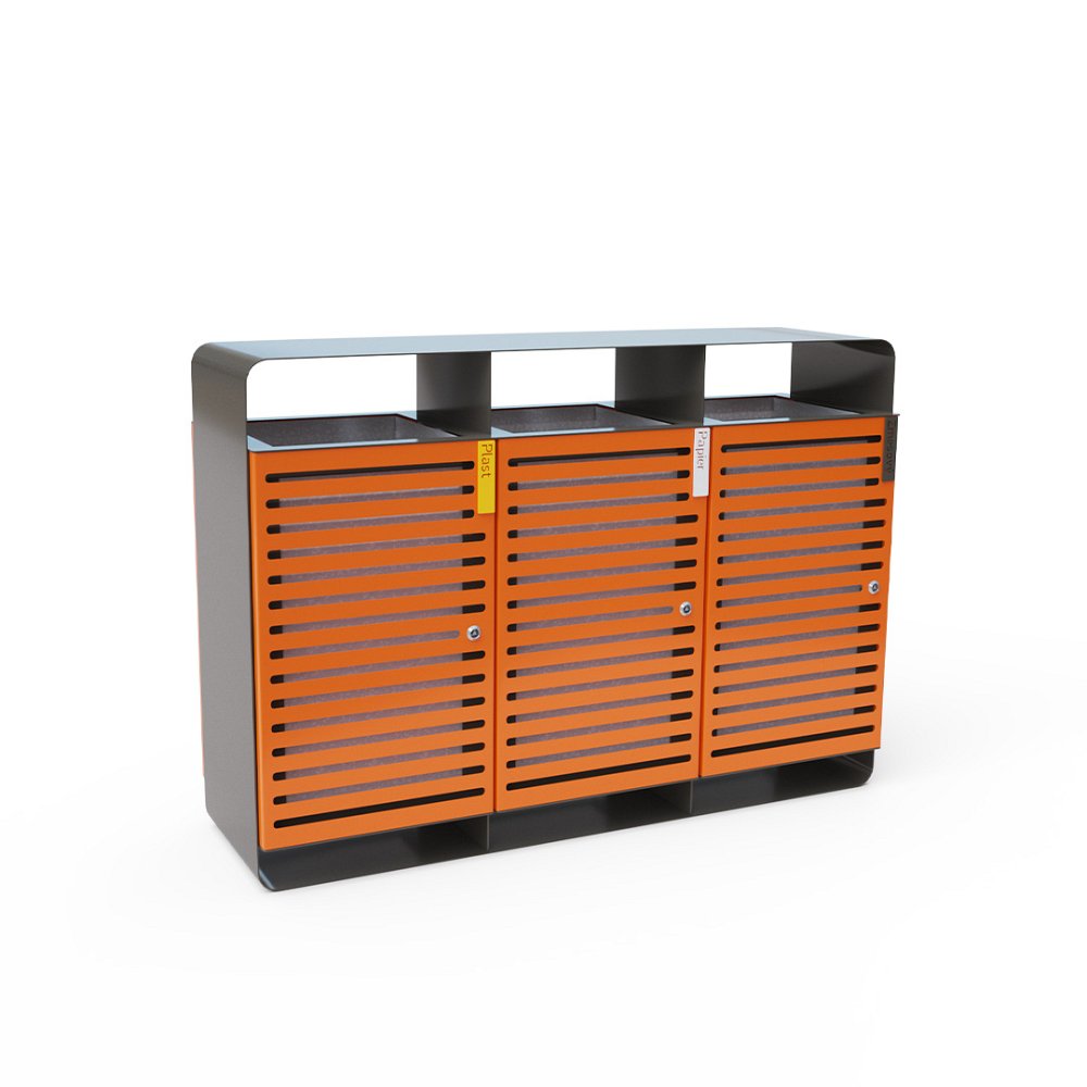 Triple bin for waste separation with a roof