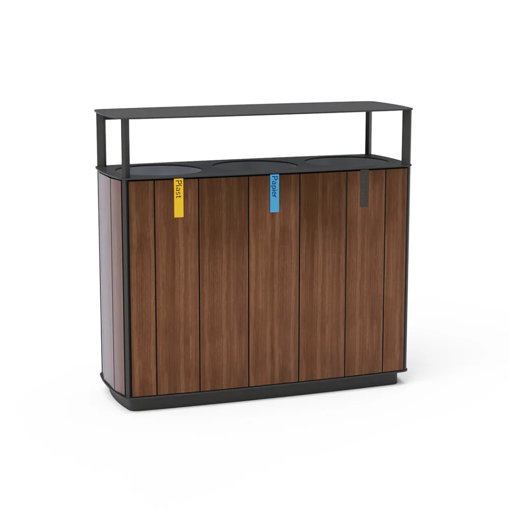 Triple bin for waste separation with a roof